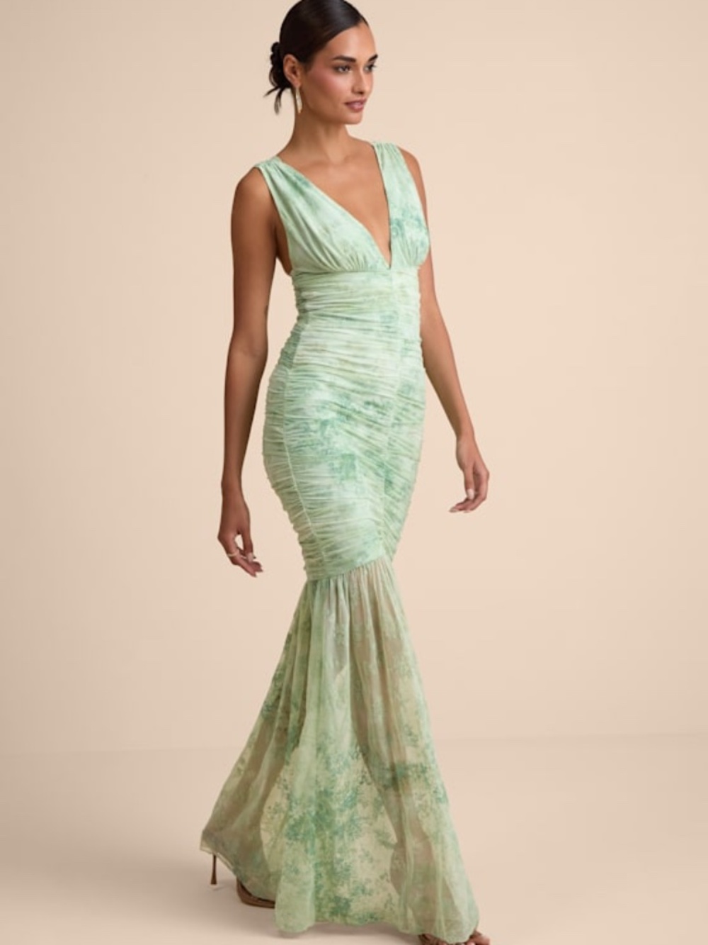 Lulus Jamie Mint Green Floral Mesh Sheer Hem Maxi Dress - Size L